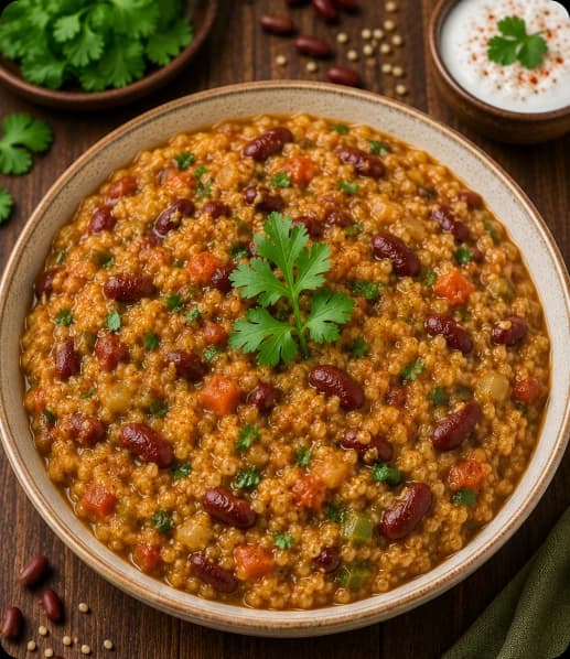 Daliya Rajma Khichdi Bowl of Daliya Rajma Khichdi with cracked wheat, kidney beans, and vegetables