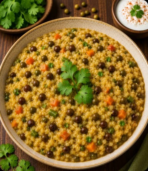 Kalachana Khichdi Bowl of Kalachana Khichdi with rice, lentils, and black chickpeas