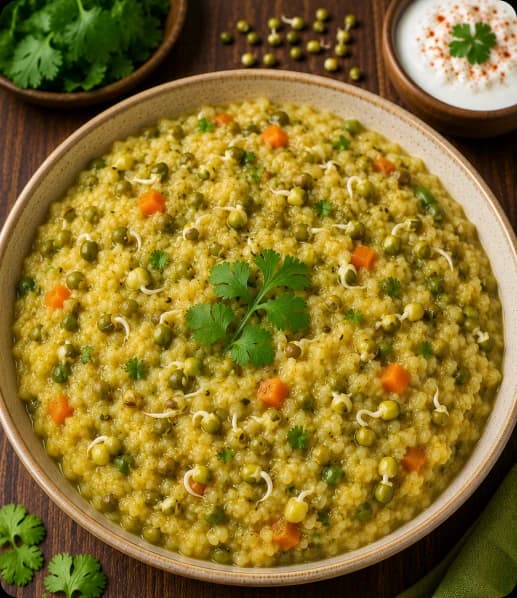 Moong Sprouts Khichdi Bowl of Moong Sprouts Khichdi with rice, lentils, and fresh moong sprouts