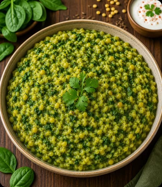 Palak Khichdi Bowl of Palak Khichdi with rice, lentils, and fresh spinach