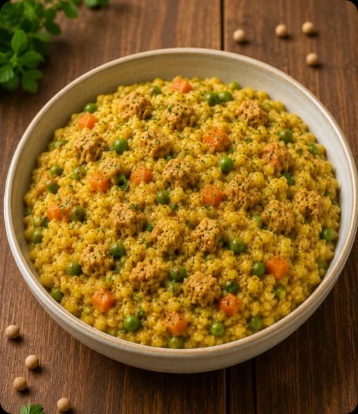 Soya Khichdi Bowl of Soya Khichdi with rice, lentils, vegetables, and soya granules